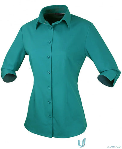 Ladies teal button-down shirt with 3/4 sleeves, perfect for workwear and uniforms