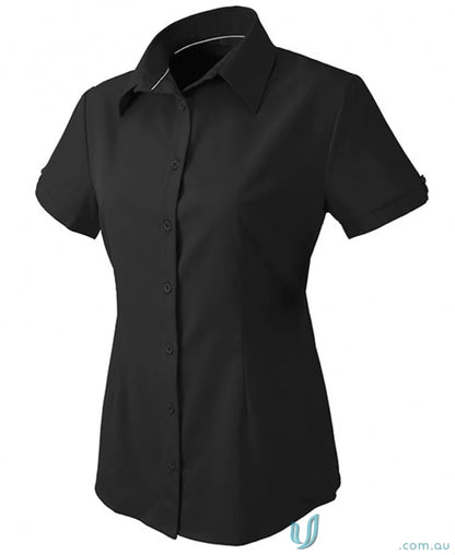 Black short-sleeved ladies button-down shirt for workwear and uniforms