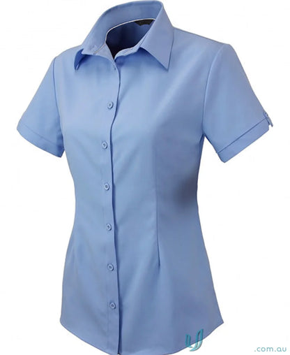 Light blue ladies short-sleeved button-down shirt perfect for workwear and uniforms