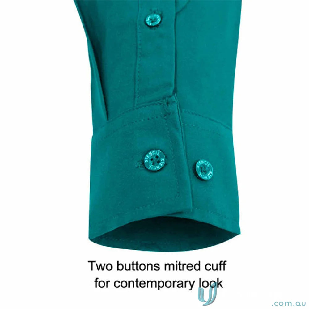 Teal dress shirt cuff with two buttons from Candidate SS Shirts, perfect for candidate 2035s men’s