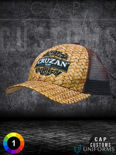 Straw-textured Cruzan Rum baseball cap from Cane Print with Mesh Back, perfect for uniforms or workwear