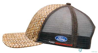 Woven straw and mesh Ford baseball cap from Cane Print workwear product faq link