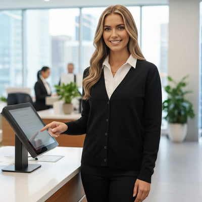 Biz Collection womens woolmix cardigan in black over white shirt