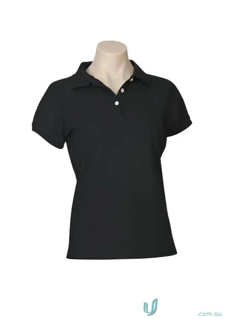 Black polo shirt on mannequin from Biz Collection Women’s neon short sleeve line