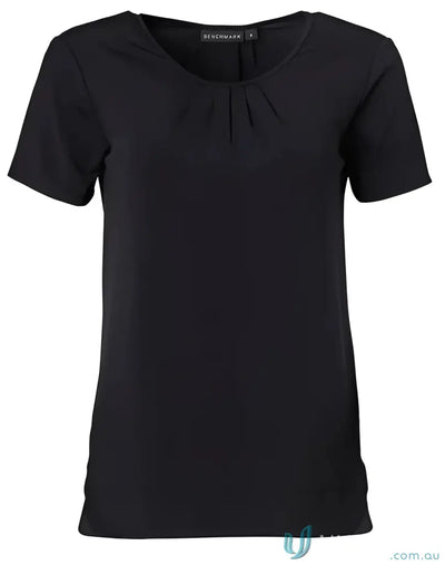 Black ladies short sleeve top with gathered V-neckline from Spirit Ladies Julia M8850