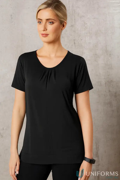 Woman wearing a black ladies short sleeve top from Spirit Ladies Julia M8850 collection