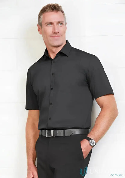 Man wearing Monaco SS shirt in black with belt, perfect for monaco short sleeve shirt offers