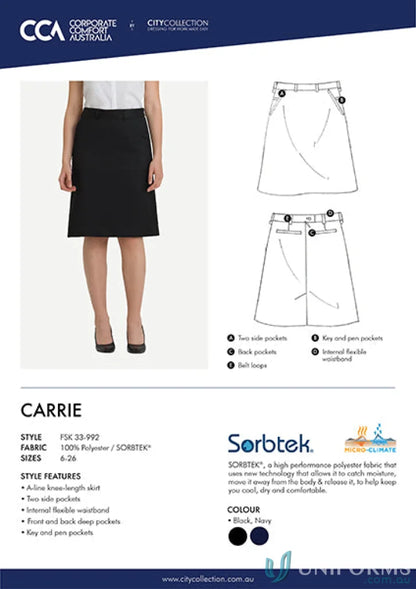 Women’s black carrie flexi waist aline skirt showcasing stylish aline skirt features