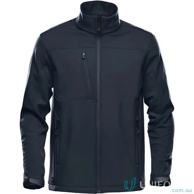 Men’s dark blue Cascades Softshell jacket with zippered pockets, perfect for workwear or uniforms