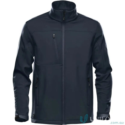 Men’s dark blue Cascades Softshell jacket with zippered pockets, perfect for workwear or uniforms
