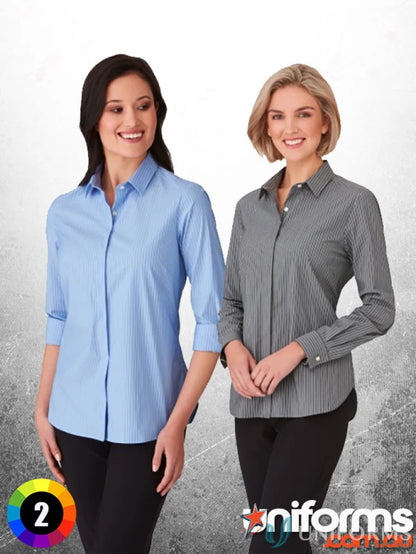 Two women wearing stylish CC LS Stripe Shirts from City Collection Range with button adjustable cuffs and long sleeves
