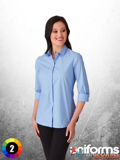 Woman’s light blue striped CC LS Stripe Shirt with button adjustable cuff and long sleeves