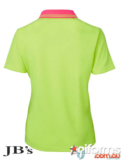 Neon green polo shirt with pink collar from CGS Ladies HiVis Workwear featuring quick-drying fabric