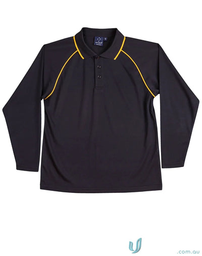Black long-sleeved polo shirt with gold trim from Champion Raglan LS Contrast Polo, perfect for winning spirit
