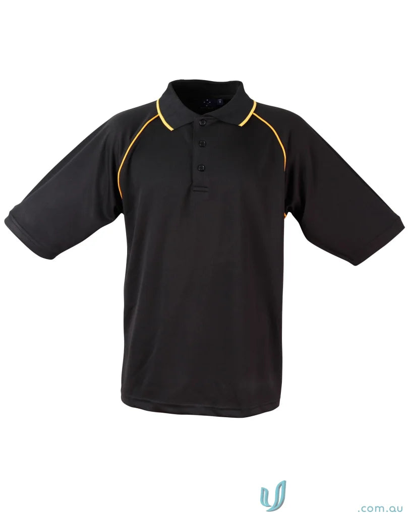 Black champion cooldry raglan polo shirt with gold trim showcasing winning spirit and style