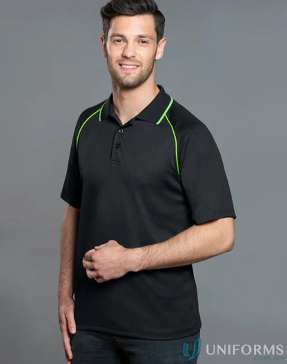 Black Champion Raglan Polo with green trim showcasing the winning spirit champion polo design