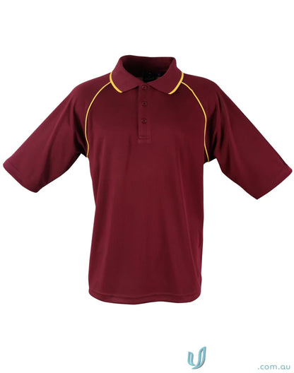 Maroon champion cooldry raglan polo with gold trim, perfect for winning spirit