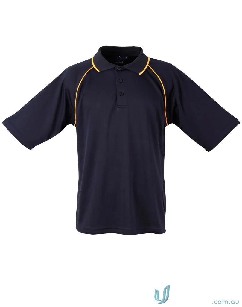 Navy champion cooldry raglan polo shirt with gold trim for a winning spirit look