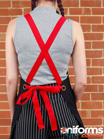 Black apron with red straps showing Changeable Apron Straps for ap08 and Spirit Apron