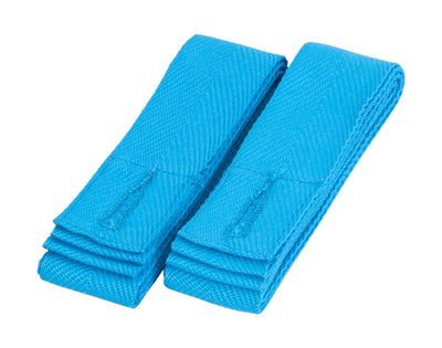 Bright blue woven changeable apron straps, neatly folded and stacked
