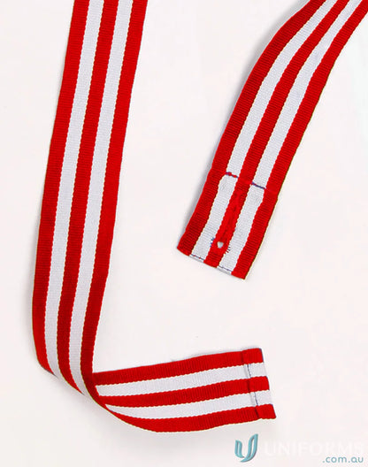 Red and white striped ribbon on changeable two tone apron straps showing winning spirit