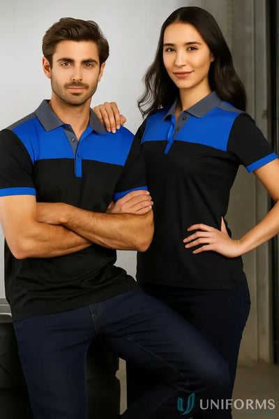 Matching black and blue Charger Polo p500ms short sleeve shirts for men and women