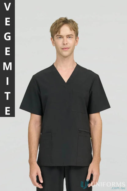 Black scrub suit from City Collection Charlie featuring a modest v-neckline for aged care facility staff