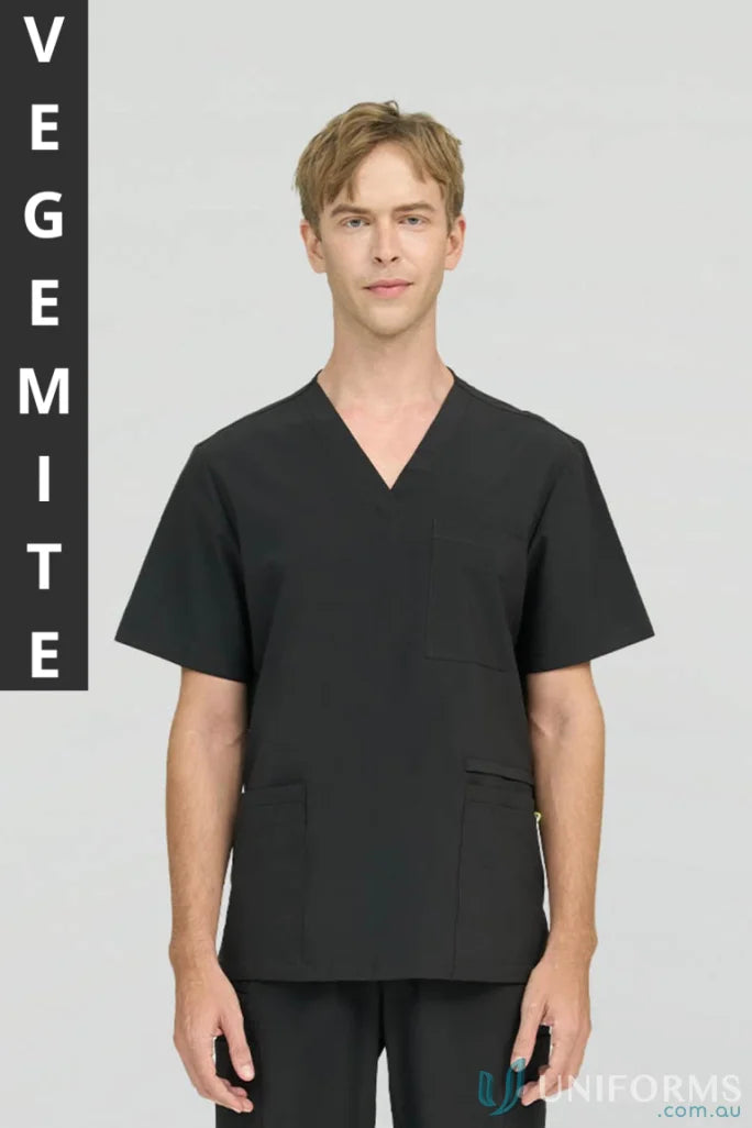 Black scrub suit from City Collection Charlie featuring a modest v-neckline for aged care facility staff
