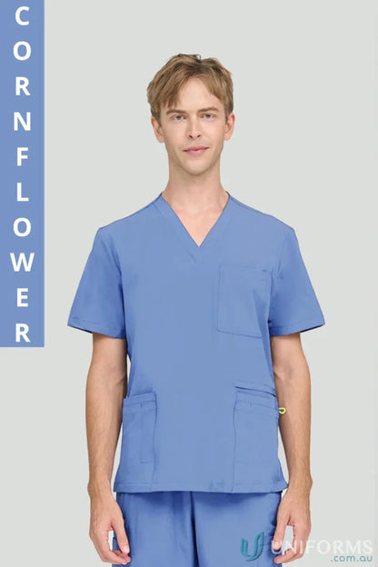 Cornflower blue City Collection Charlie Scrub Top with modest V-neckline for aged care facility