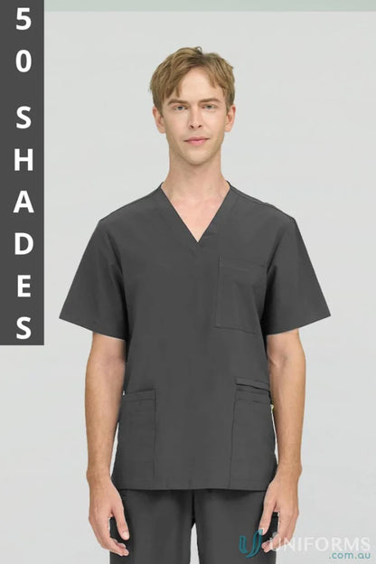 Gray medical scrub suit from City Collection Charlie with modest v-neckline for aged care facility
