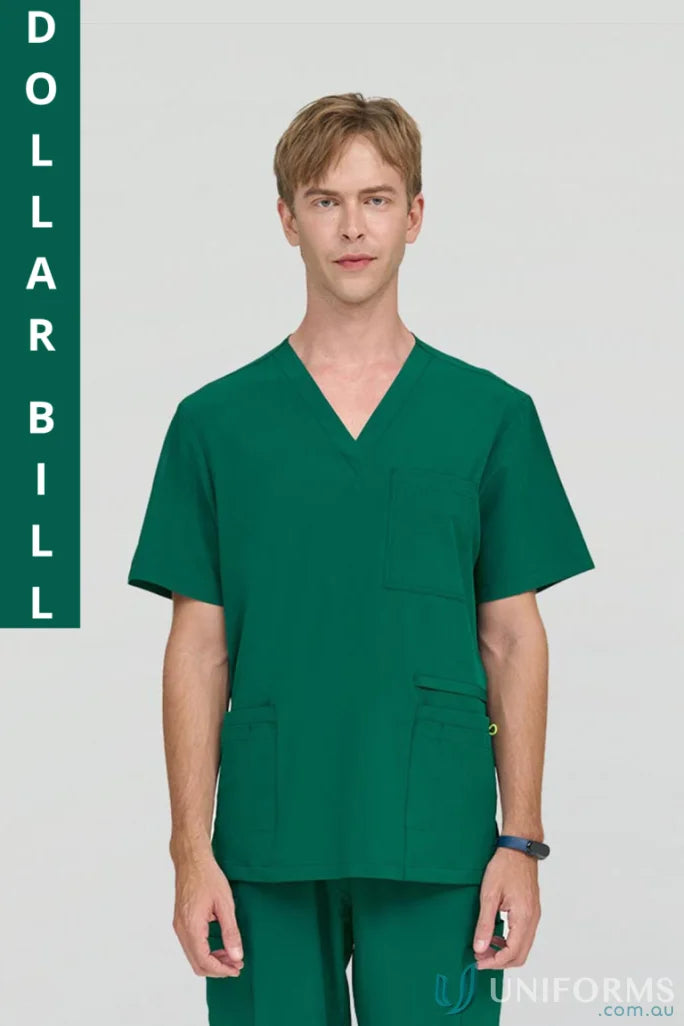 Green medical scrubs from City Collection Charlie with modest v-neckline for aged care facility