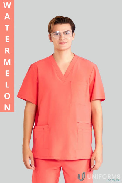 Watermelon-colored Charlie Scrub Top from City Collection Charlie with modest v-neckline for aged care