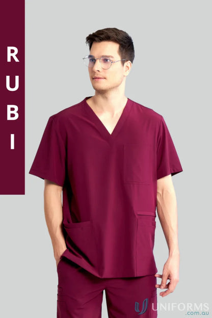 Maroon city collection Charlie scrub top with modest v-neckline for aged care facility