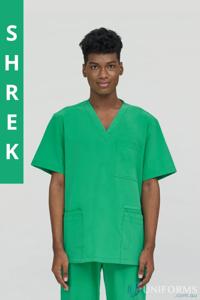 Green medical scrubs from City Collection Charlie with modest V-neckline for aged care facility