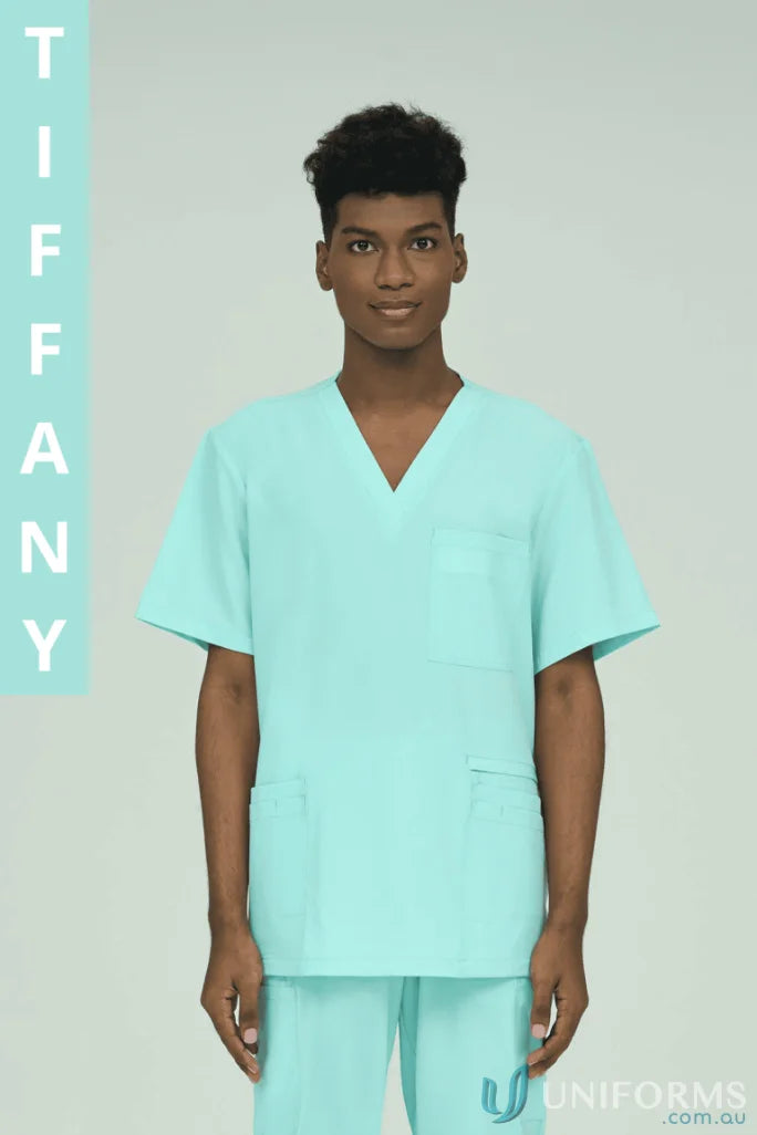 Light blue city collection Charlie scrub top with modest v-neckline for aged care facility
