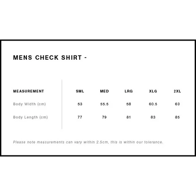 Men’s check flannel shirt size chart showing body width and length for workwear uniforms from sml to 2xl sizes