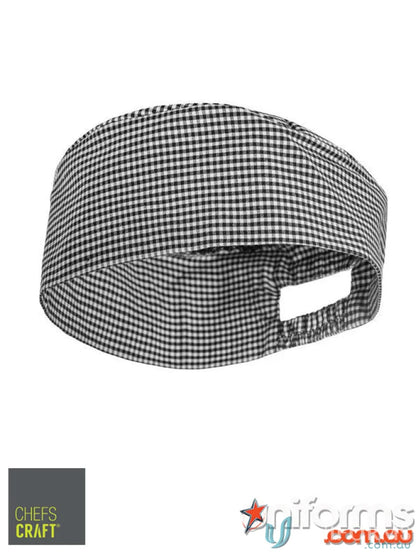 Black and white gingham chefs check cap with ponytail opening and elastic back