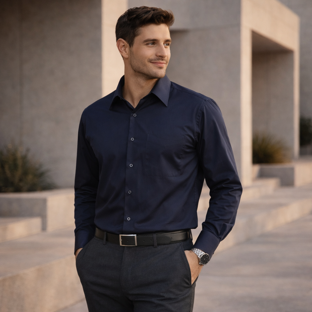 Chelsea LS metro long sleeve navy tapered fit poplin blend shirt