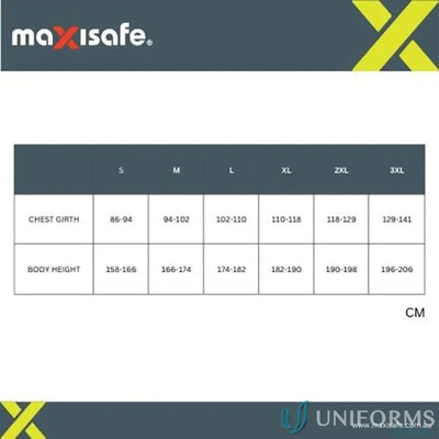 Size chart showing coveralls for protection and barrier clothing for safety gear