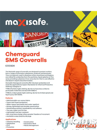 Orange hooded Chemguard SMS Type 5/6 coveralls for protection and safety in work sites
