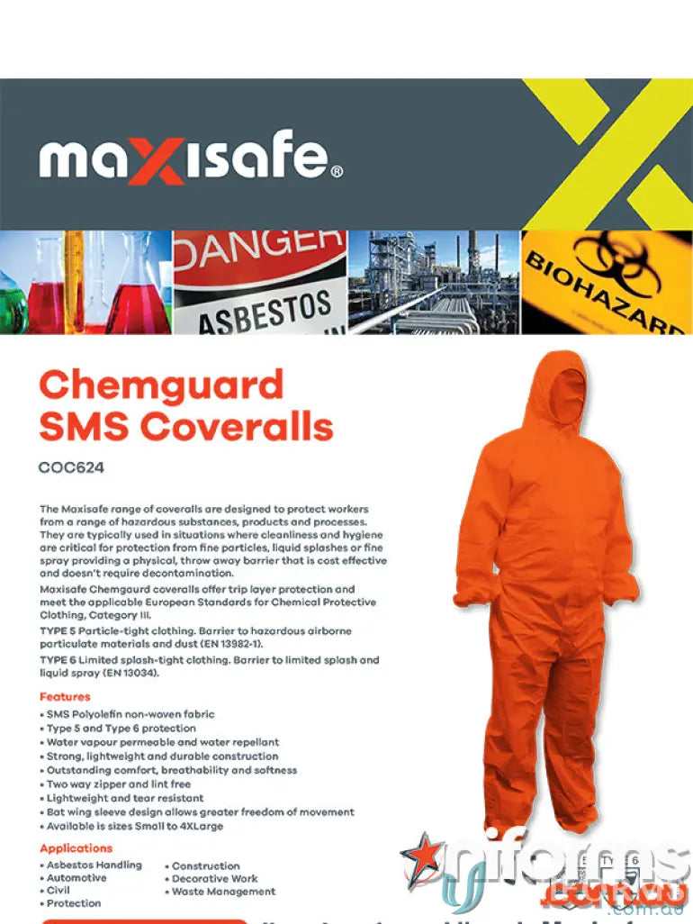 Orange hooded Chemguard SMS Type 5/6 coveralls for protection and safety in work sites