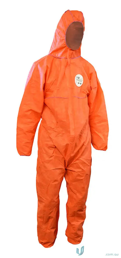 Orange hooded protective suit from Chemguard for protection barrier clothing for safety