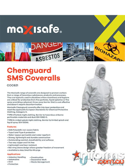 White protective coverall from Chemguard, ideal barrier clothing for work safety gear