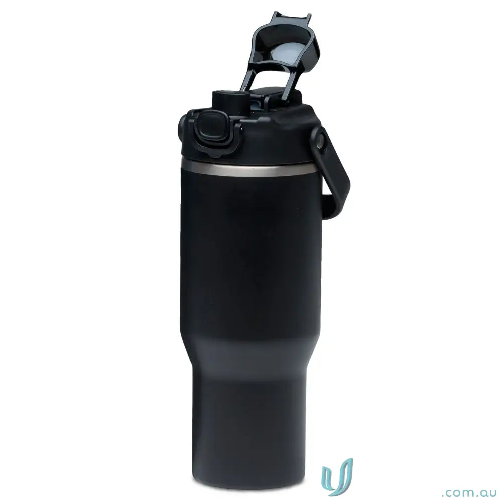 Black stainless steel ChillGuard 1L insulated bottle with double‑wall vacuum and flip lid