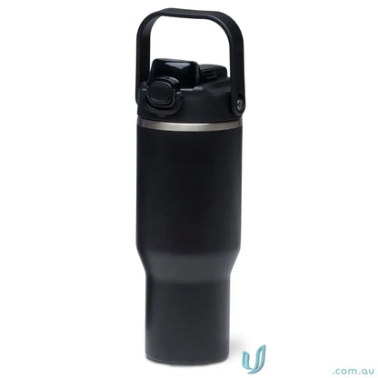 Black stainless steel ChillGuard 1L bottle with handle and straw lid, double‑wall vacuum tech