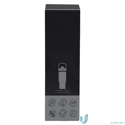 Black cardboard box for ChillGuard 1L stainless steel bottle with double‑wall vacuum design