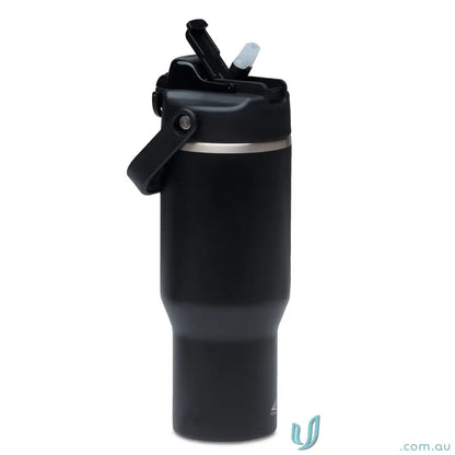 Stainless steel ChillGuard 1L insulated bottle with double-wall vacuum, matte black, straw lid
