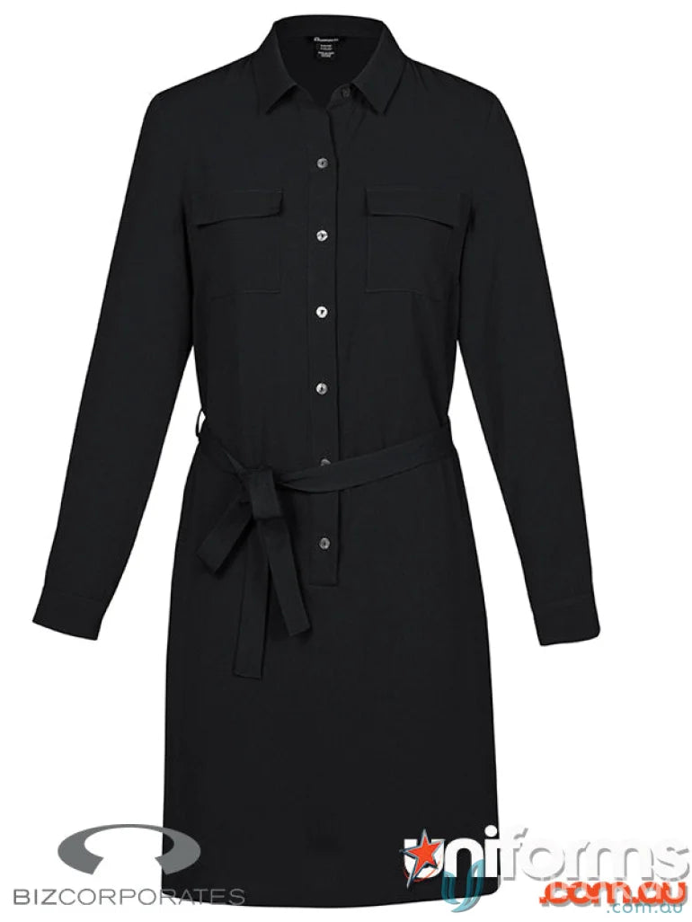 Black long-sleeved Chloe Georgette Shirt Dress with wicking tech for all-day comfort
