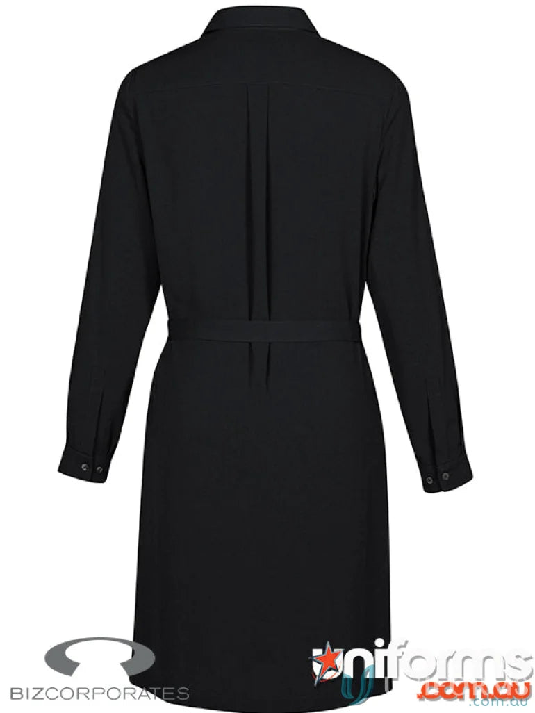 Black long-sleeved Chloe Georgette Shirt Dress with wicking tech for style and comfort