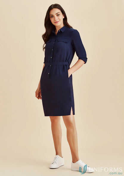 Chloe Georgette Shirt Dress in Navy Blue with Wicking Technology, perfect casual look